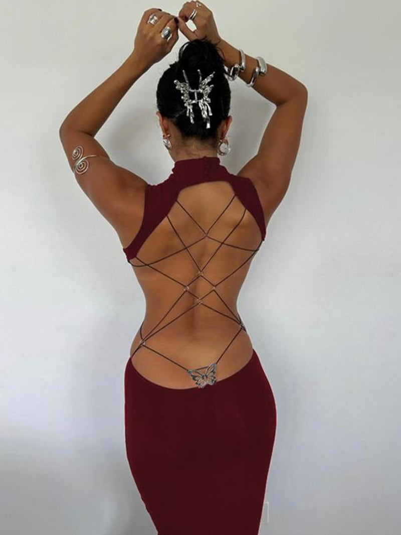 Women'S Backless Butterfly Decor Bodycon Dress, Fashionable High Neck O-Ring Tank Dress for Party Club Dating Wear, Dresses for Women, Fall Dresses, Ladies Back to School Clothes for Fall, Birthday Dresses 2025,Dresses for Women