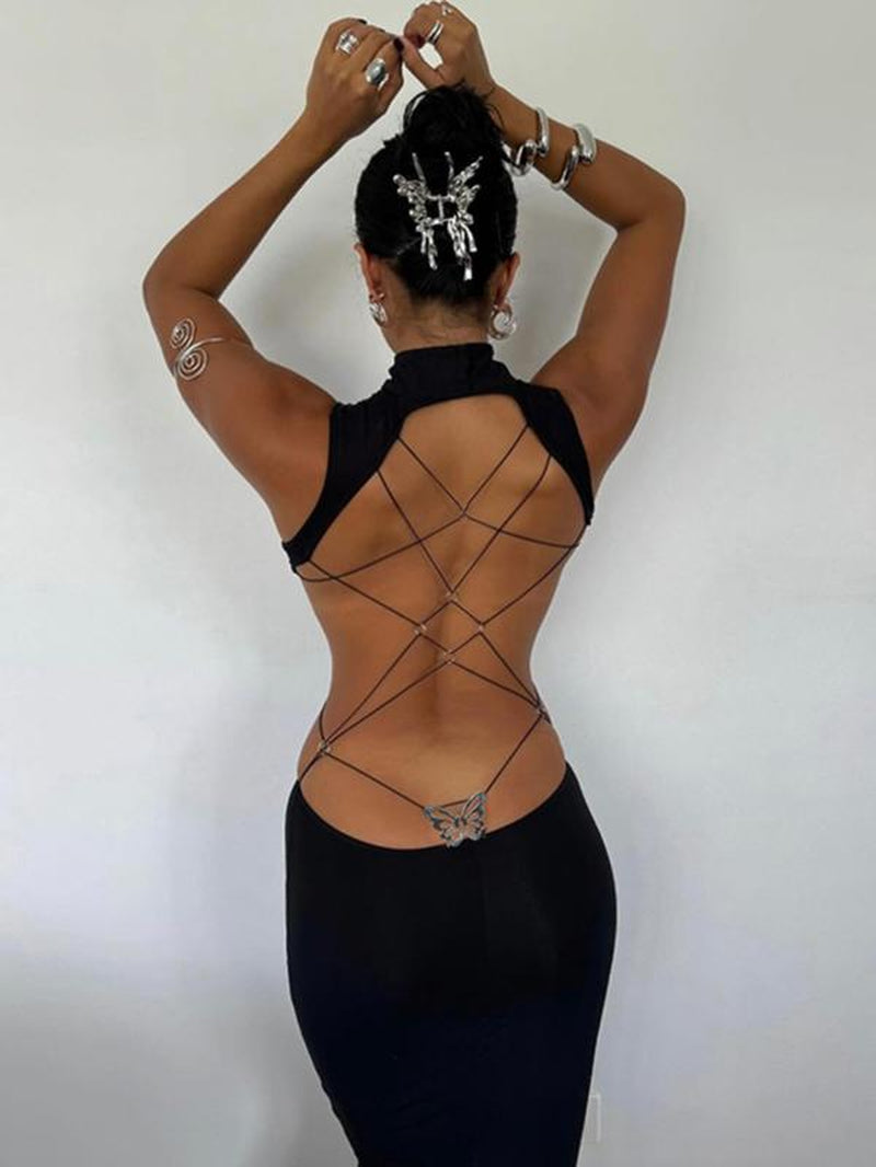 Women'S Backless Butterfly Decor Bodycon Dress, Fashionable High Neck O-Ring Tank Dress for Party Club Dating Wear, Dresses for Women, Fall Dresses, Ladies Back to School Clothes for Fall, Birthday Dresses 2025,Dresses for Women