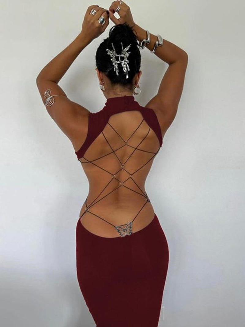 Women'S Backless Butterfly Decor Bodycon Dress, Fashionable High Neck O-Ring Tank Dress for Party Club Dating Wear, Dresses for Women, Fall Dresses, Ladies Back to School Clothes for Fall, Birthday Dresses 2025,Dresses for Women