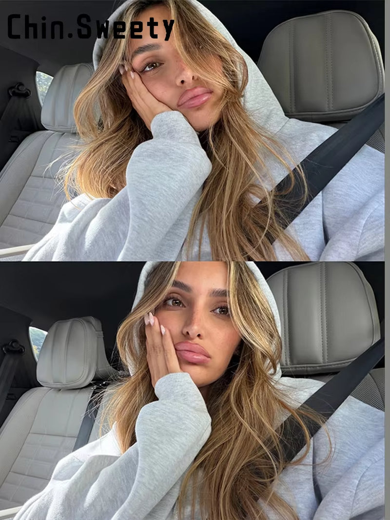 Casual Sequined Angel Wings Oversized Hoodie Women Loose Grey Long Sleeve Street Warm Pullover 2025 Winter Lady Daily Wear New