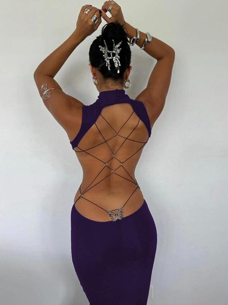 Women'S Backless Butterfly Decor Bodycon Dress, Fashionable High Neck O-Ring Tank Dress for Party Club Dating Wear, Dresses for Women, Fall Dresses, Ladies Back to School Clothes for Fall, Birthday Dresses 2025,Dresses for Women